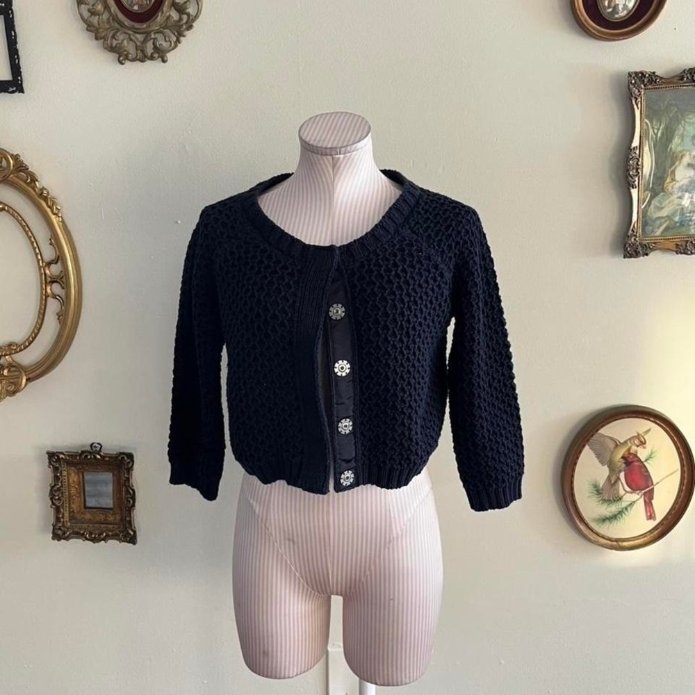 vintage Y2K Max & Co Navy Cropped Knit Cardigan with Snap Buttons